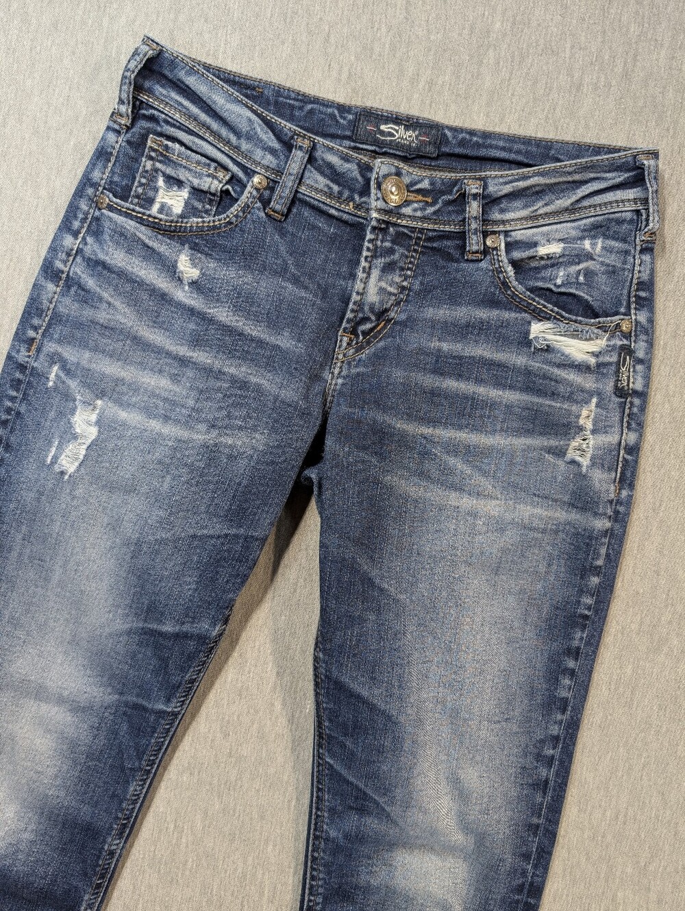 Silver Jeans Sam Straight Leg Women's 27 X 25 Blue Distressed Cropped
